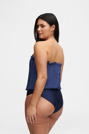 Ocean Blue Bandeau Silk Swimsuit with 100% Grade 6A silk top, shown on model wearing size XL, HANNE BLOCH
