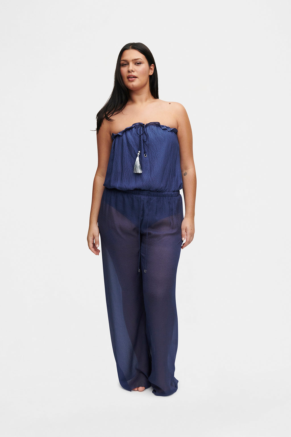 Ocean Blue Silk Trousers Bandeau Set, silk trousers with bandeau swimsuit, image 4, HANNE BLOCH