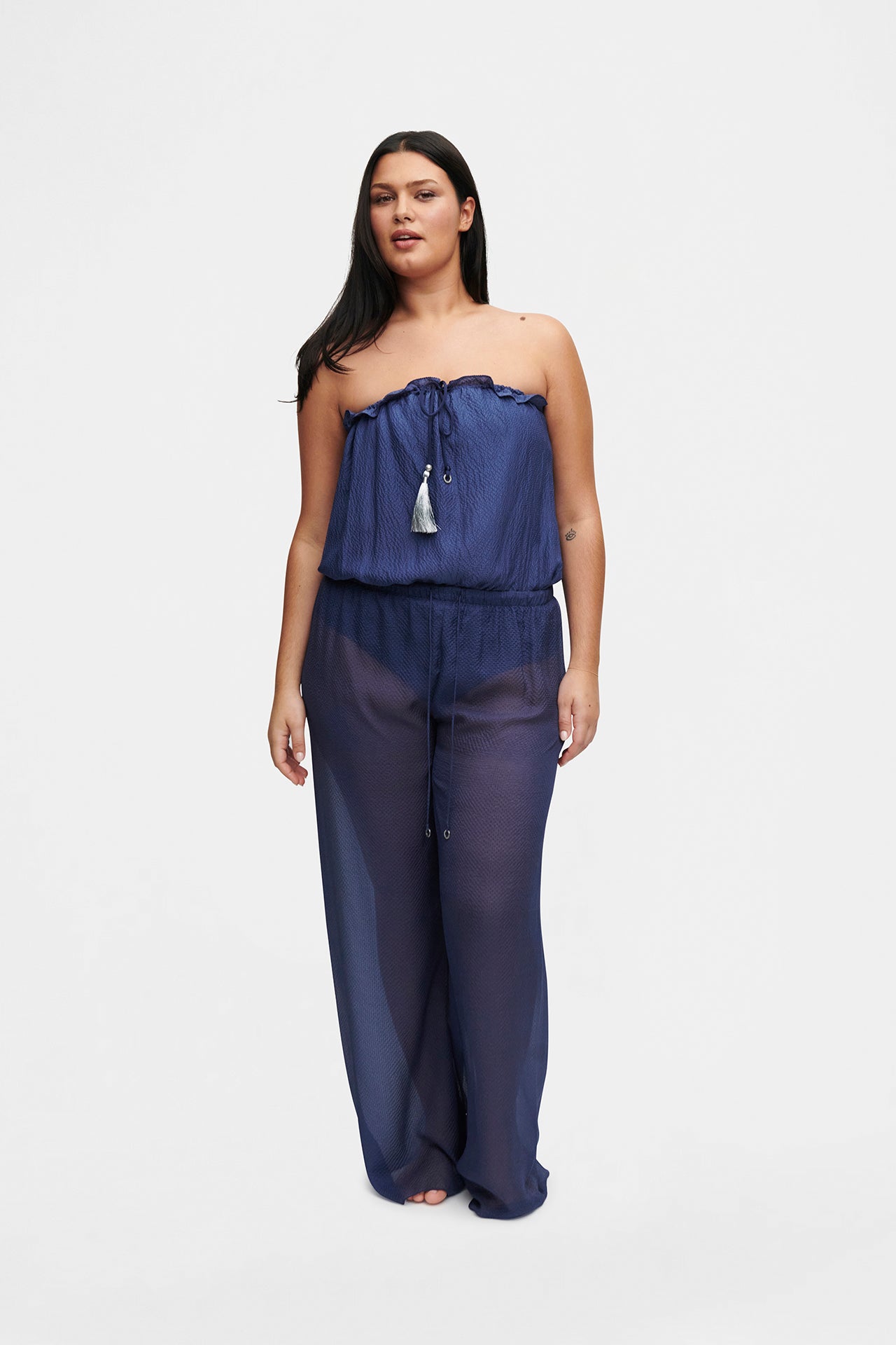 Ocean Blue Silk Trousers Bandeau Set, silk trousers with bandeau swimsuit, image 4, HANNE BLOCH
