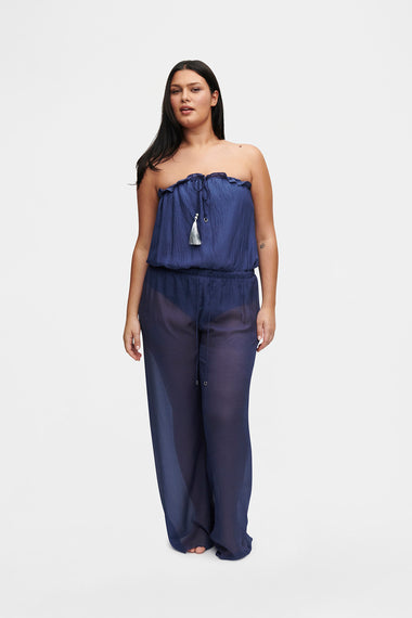 Ocean Blue Silk Trousers Bandeau Set, silk trousers with bandeau swimsuit, image 4, HANNE BLOCH