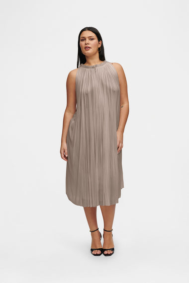 Taupe Silk Tulle Halter Dress, floor-length 100% Grade 6A mulberry silk, HANNE BLOCH
