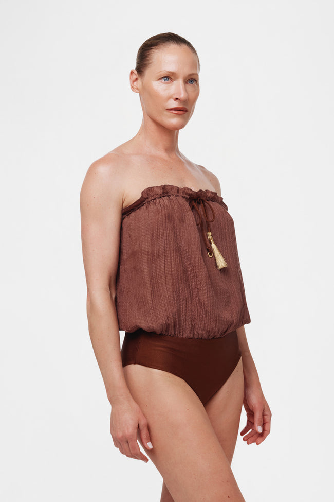 Brown Bandeau Silk Swimsuit