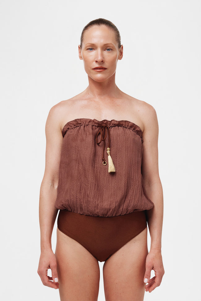 Brown Bandeau Silk Swimsuit