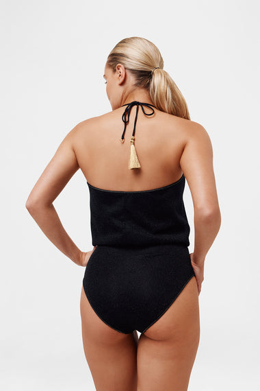 Black Glitter V-Swimsuit, shown on model wearing size M, HANNE BLOCH