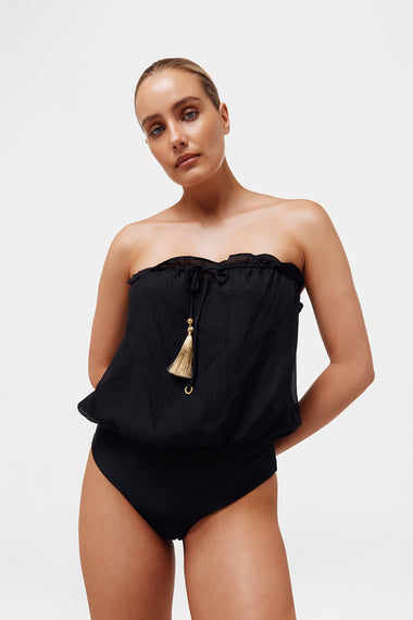 Black Bandeau Silk Swimsuit with 100% Grade 6A silk top, shown on model wearing size M, HANNE BLOCH