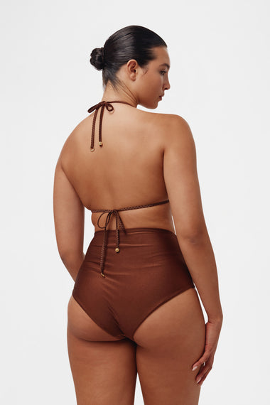 Brown High Brief swim bottom, shown on model wearing size M, HANNE BLOCH