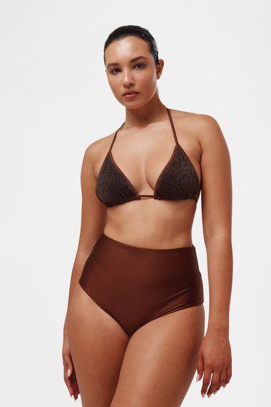 Brown High Brief swim bottom, shown on model wearing size M, HANNE BLOCH