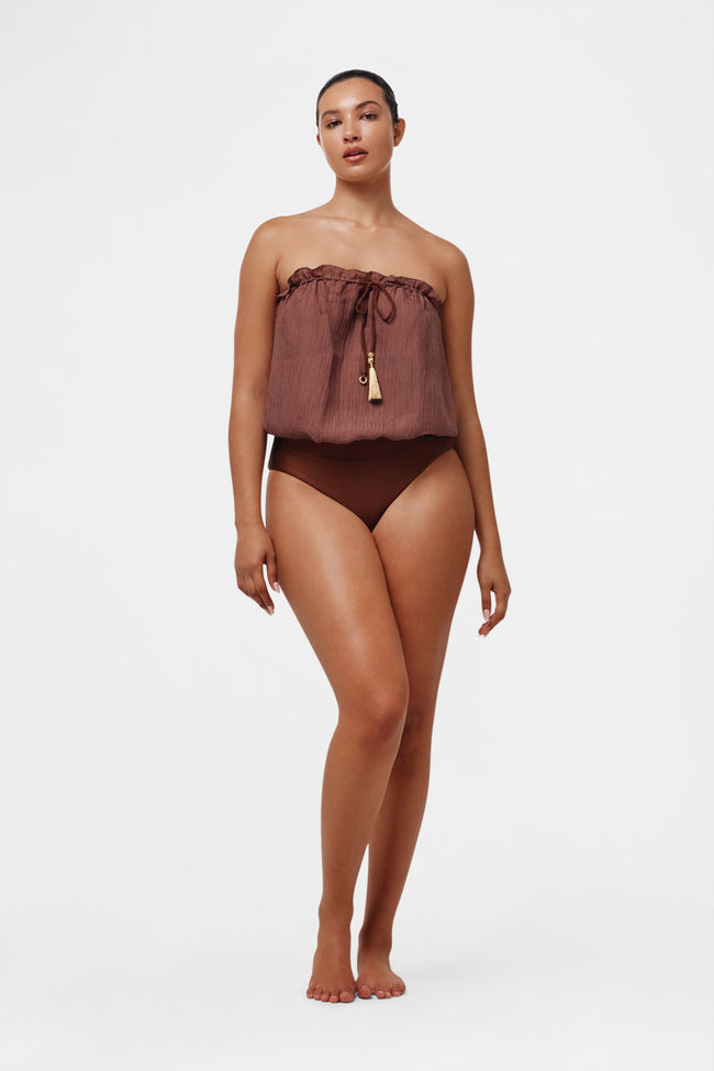 Brown Bandeau Silk Swimsuit