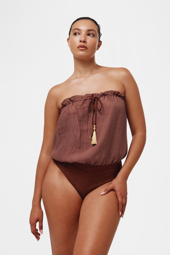 Brown Bandeau Silk Swimsuit