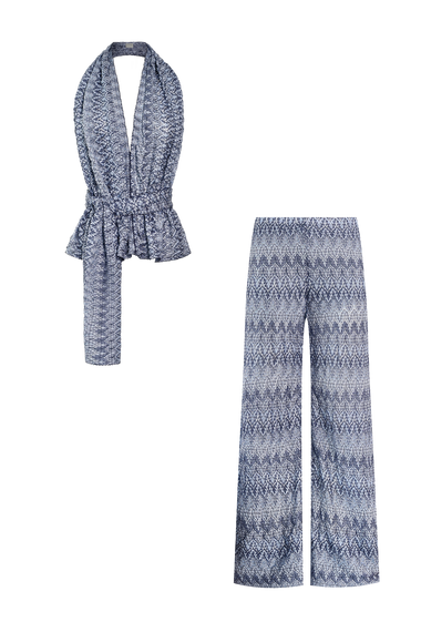 Blue Knit Set, scarf top and trousers in Italian knit, HANNE BLOCH