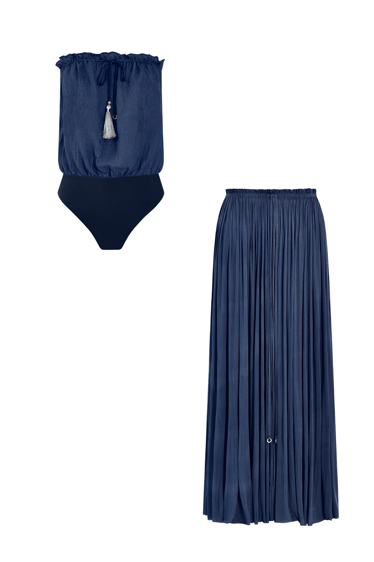Ocean Blue Silk Bandeau Set, silk tulle skirt with bandeau silk swimsuit, HANNE BLOCH