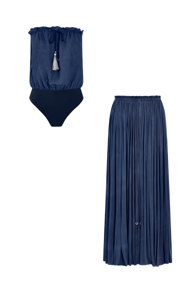 Ocean Blue Silk Bandeau Set, silk tulle skirt with bandeau silk swimsuit, HANNE BLOCH