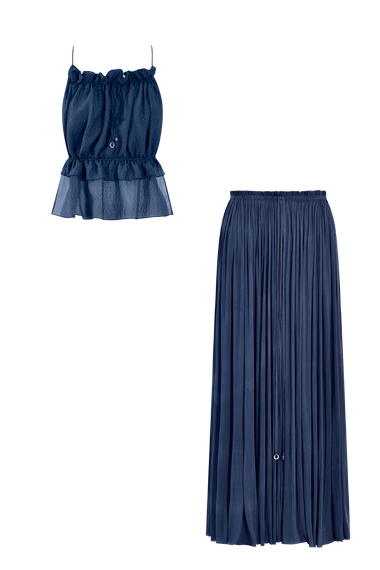 Ocean Blue Silk String Set, skirt and string top in 100% Grade 6A mulberry silk, HANNE BLOCH