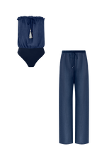 Ocean Blue Silk Trousers Bandeau Set, silk trousers with bandeau swimsuit, HANNE BLOCH