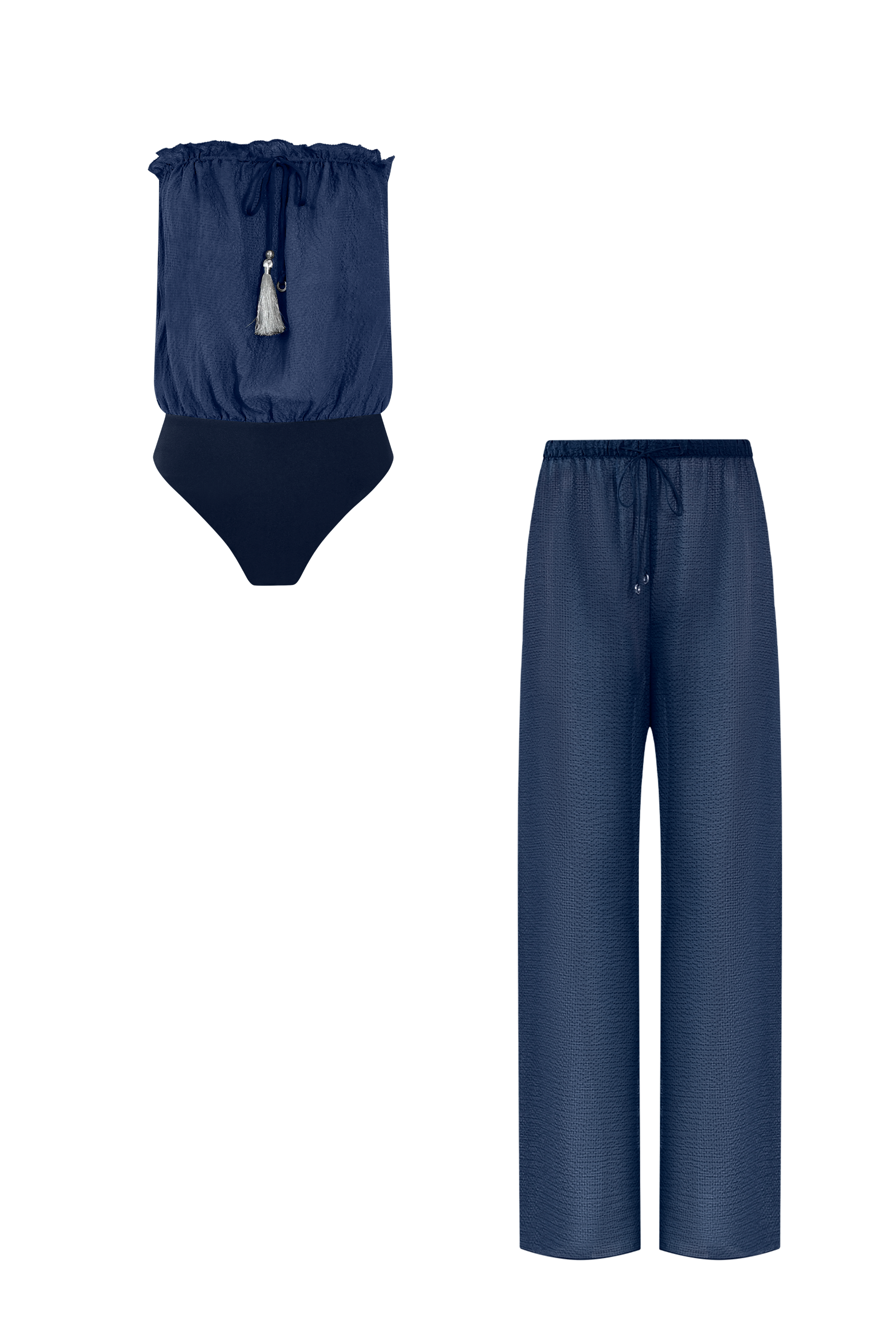 Ocean Blue Silk Trousers Bandeau Set, silk trousers with bandeau swimsuit, HANNE BLOCH