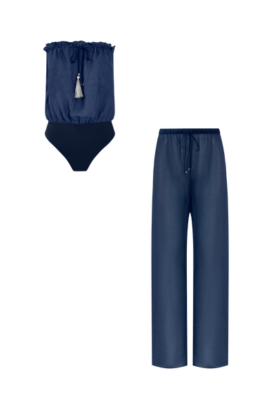 Ocean Blue Silk Trousers Bandeau Set, silk trousers with bandeau swimsuit, HANNE BLOCH