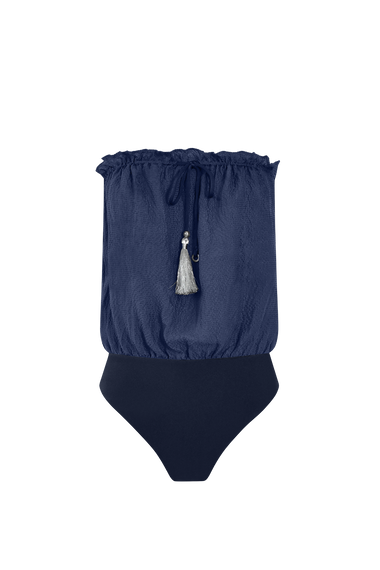 Ocean Blue Bandeau Silk Swimsuit with 100% Grade 6A silk top, HANNE BLOCH