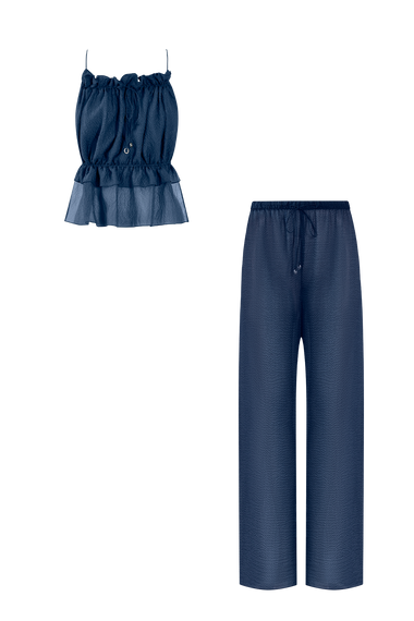 Ocean Blue Silk Trousers String Set, trousers and string top in Grade 6A silk, HANNE BLOCH