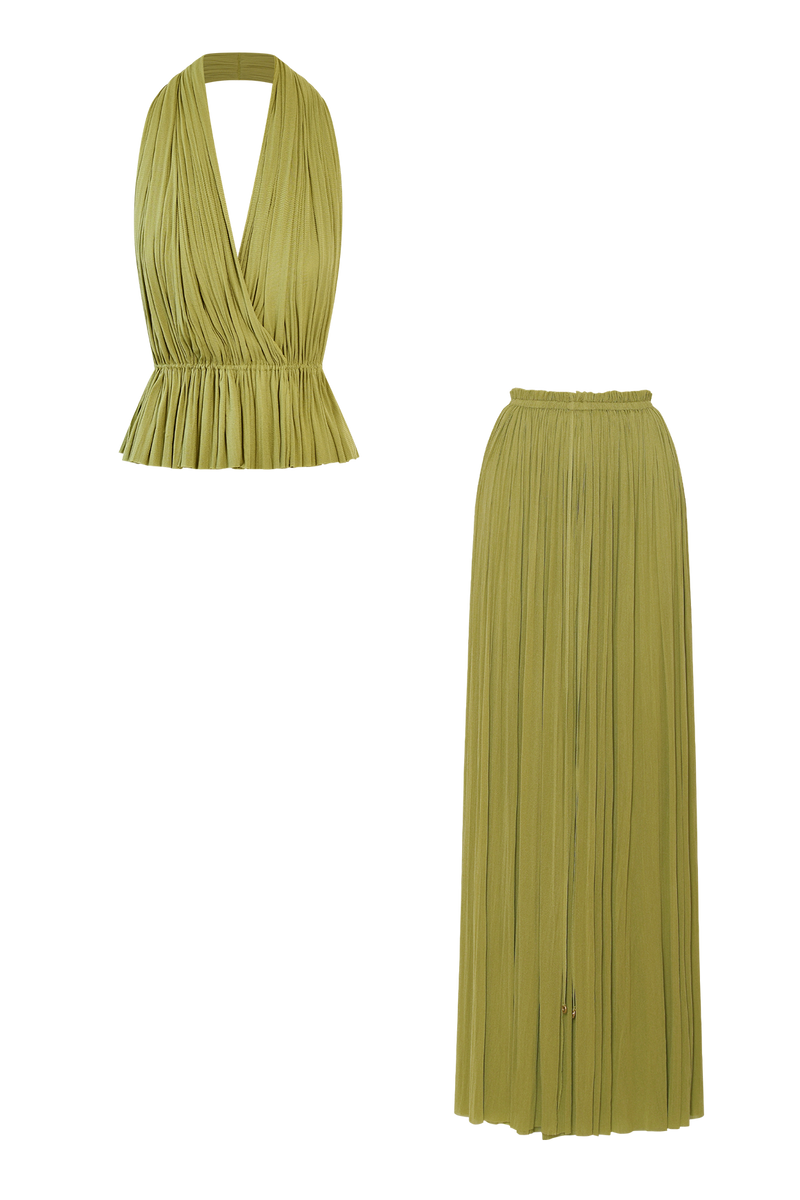 Olive Silk Tulle Top & Skirt