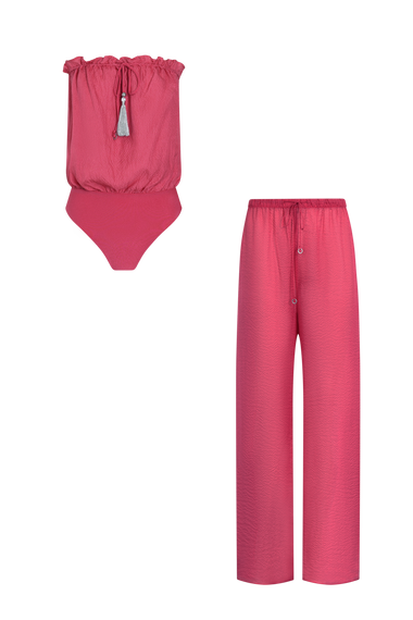 Pink Silk Trousers Bandeau Set, silk trousers with bandeau swimsuit, HANNE BLOCH