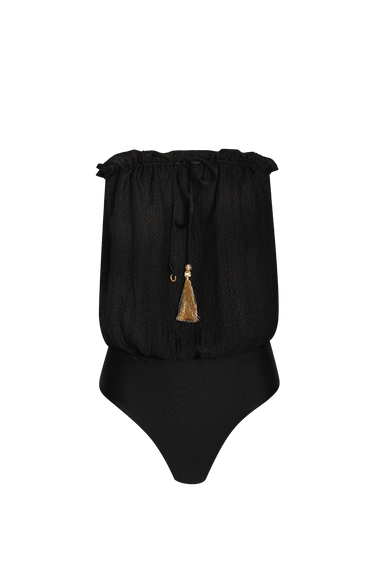 Black Bandeau Silk Swimsuit with 100% Grade 6A silk top, HANNE BLOCH