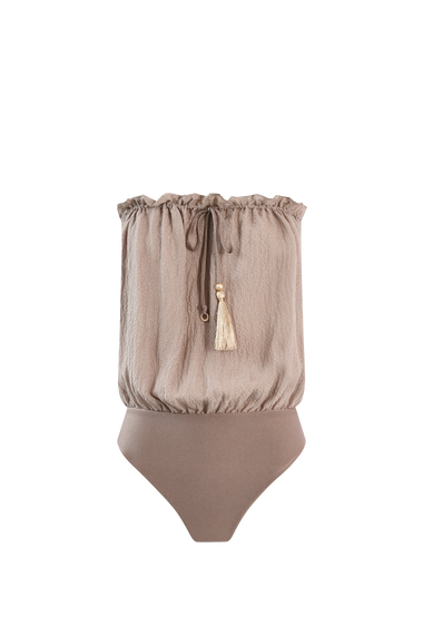 Taupe Bandeau Silk Swimsuit with 100% Grade 6A silk top, HANNE BLOCH