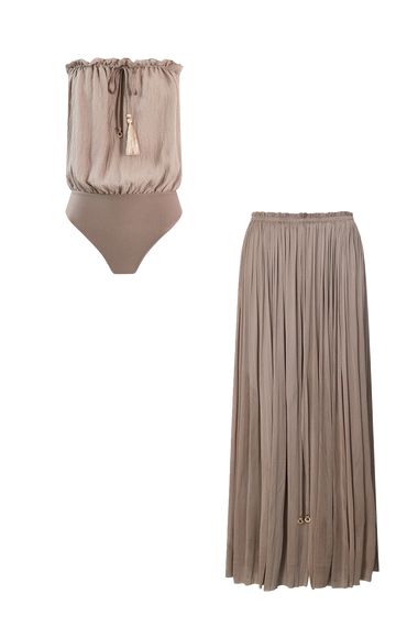 Taupe Silk Bandeau Set, silk tulle skirt with bandeau silk swimsuit, HANNE BLOCH
