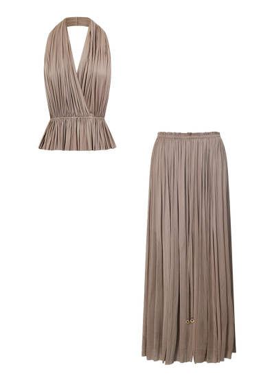 Taupe Silk Tulle Set, skirt and top in 100% Grade 6A mulberry silk, HANNE BLOCH