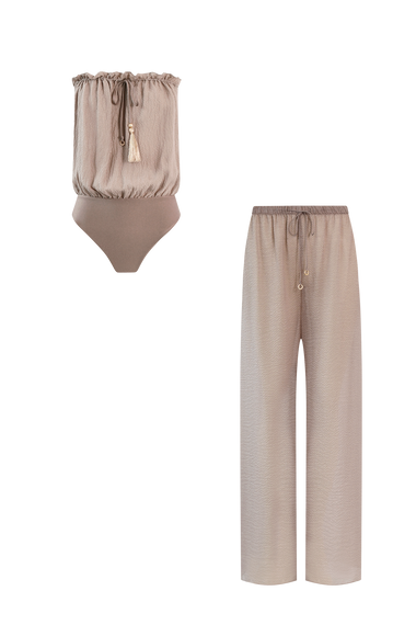 Taupe Silk Trousers Bandeau Set, silk trousers with bandeau swimsuit, HANNE BLOCH