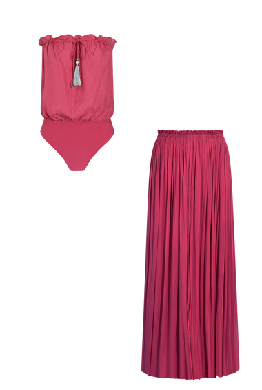Pink Silk Bandeau Set, silk tulle skirt with bandeau silk swimsuit, HANNE BLOCH