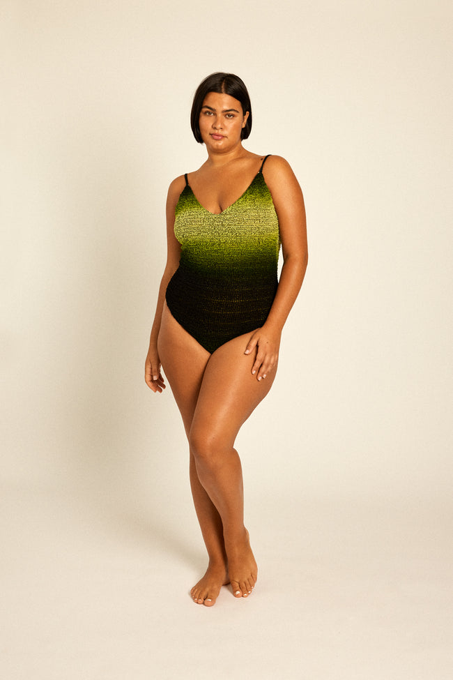 Silk Swimsuit for summer beach & vacation worn by plus size XL beautiful curvy model.