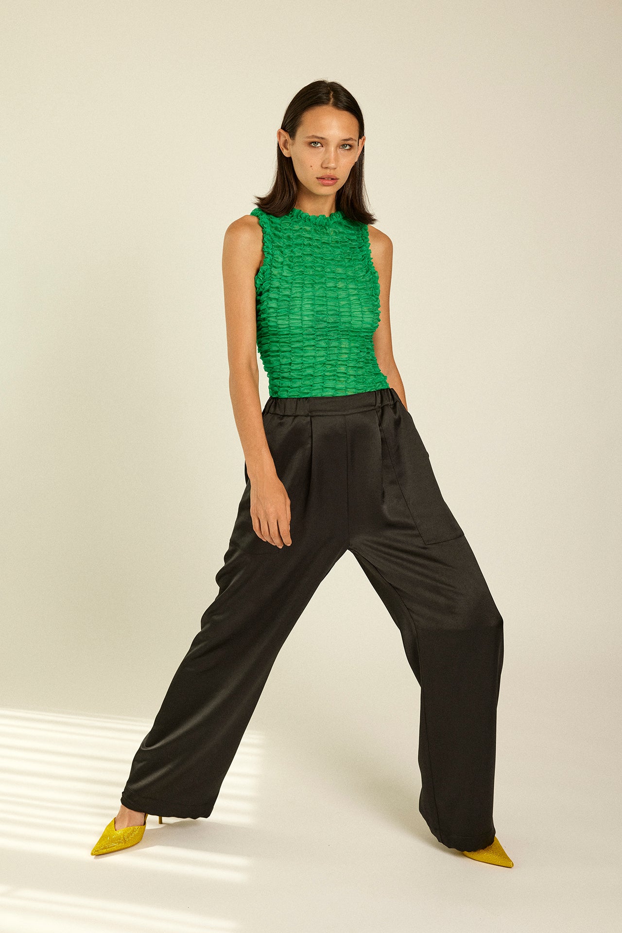 Designer Black Satin Trousers worn by stylish women like you. Perfect for resort, party & wedding.