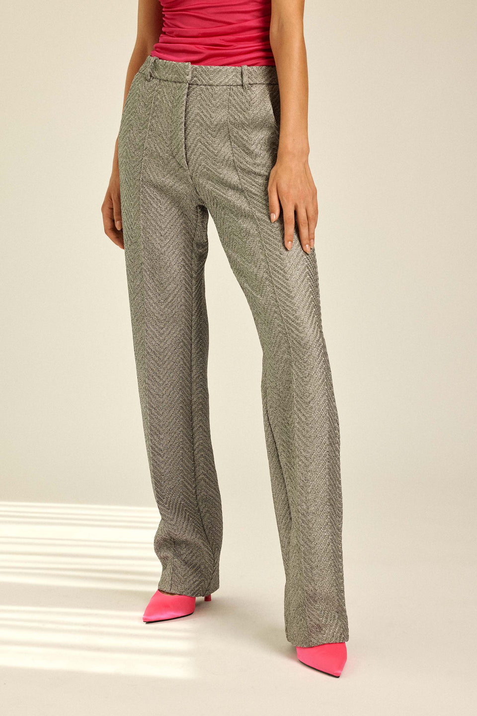 Close-up of Silver Knit Trousers for resort, party & wedding.