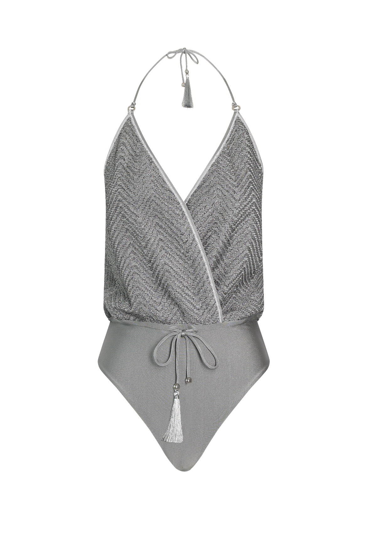 Product photo of vacation Silver Knit Swimsuit doubles as top for warm beach swimming & vacation.