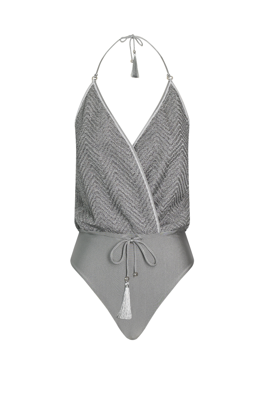 Product photo of vacation Silver Knit Swimsuit doubles as top for warm beach swimming & vacation.
