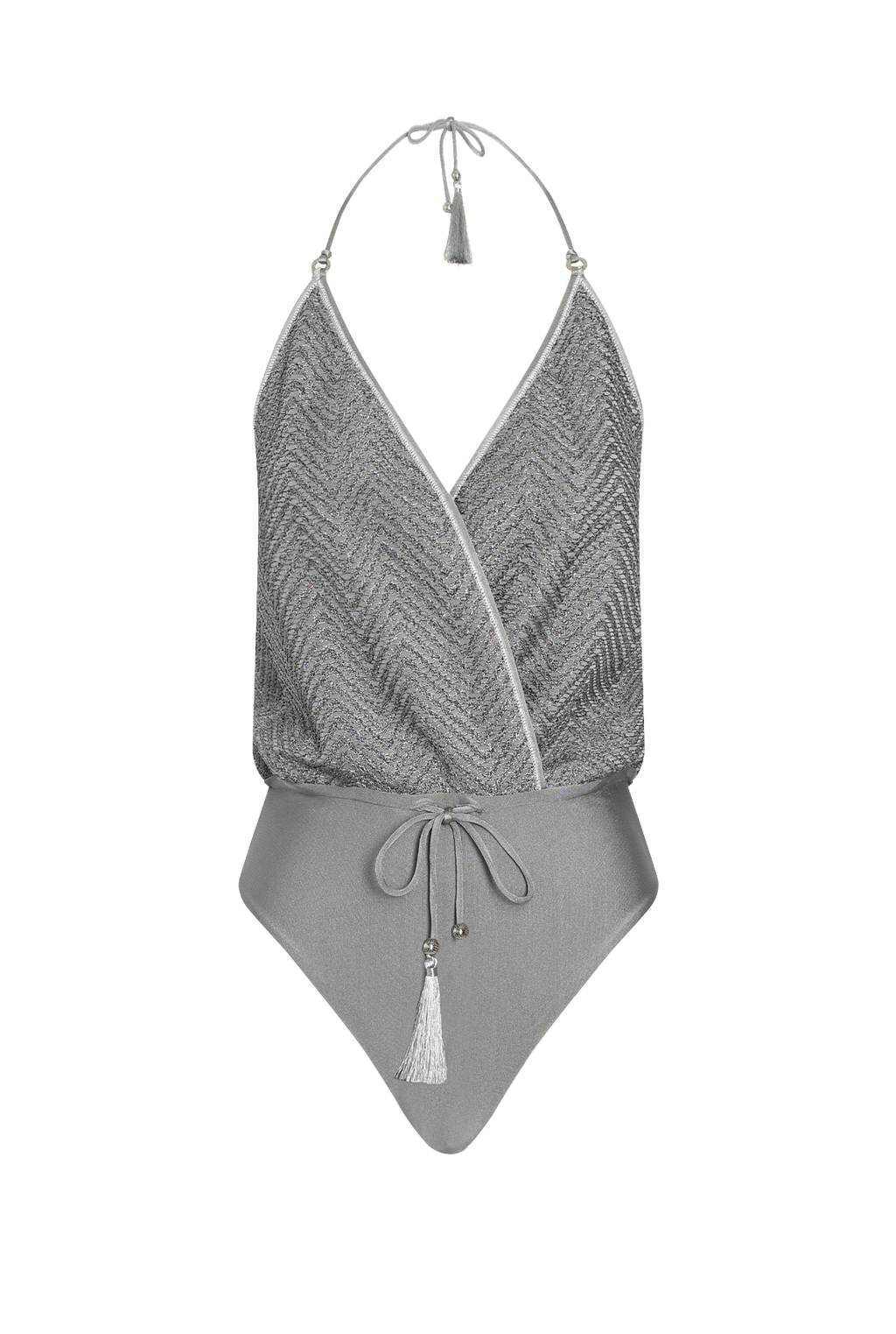 Product photo of vacation Silver Knit Swimsuit doubles as top for warm beach swimming & vacation.