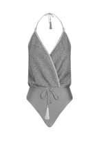 Product photo of vacation Silver Knit Swimsuit doubles as top for warm beach swimming & vacation.