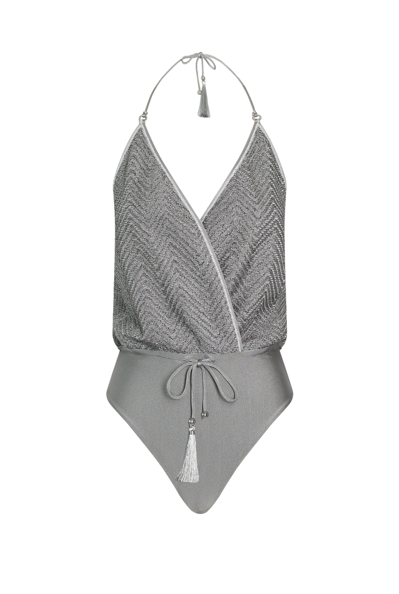 Product photo of vacation Silver Knit Swimsuit doubles as top for warm beach swimming & vacation.