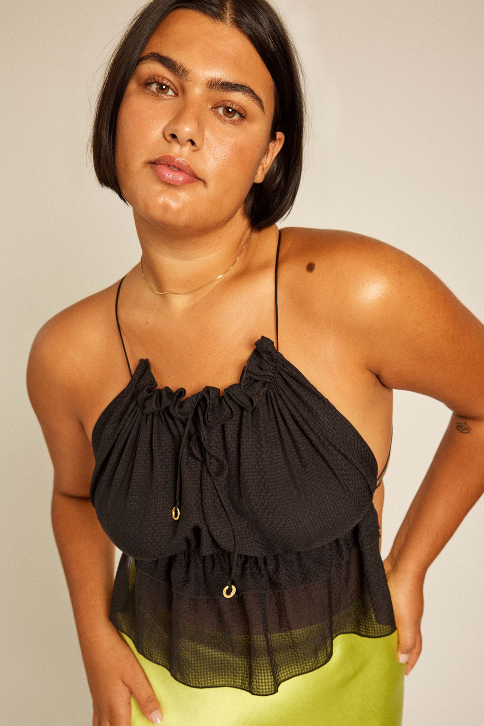 Beautiful curvy model in plus size XL Silk Top for resort, party & wedding.